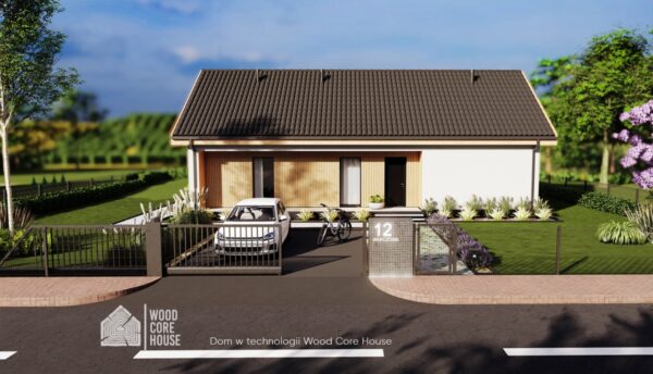 Projekt domu Ojcowski 05 L - widok na elewację frontową wraz z wejściem i miejscem parkingowym