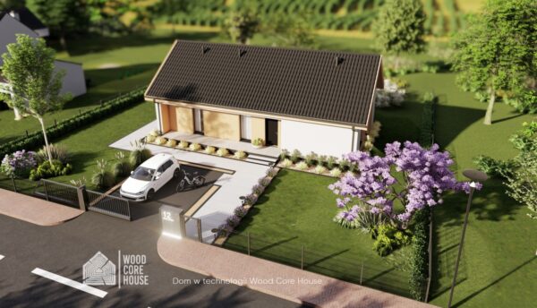 Projekt domu Ojcowski 05 L - widok na elewację frontową wraz z wejściem i miejscem parkingowym