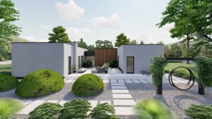 Projekt domu Gorczański 02 - widok od strony ogrodu na urocze patio w stylu greckim