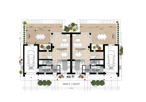 Projekt domu Bieszczadzki 03 PG (bliźniak) - rzut pomieszczeń na parterze wraz z garażami