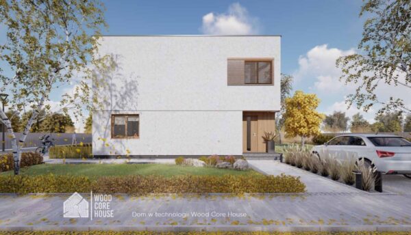 Projekt domu Bieszczadzki 04 - widok na elewację frontową wraz z wejściem i miejscem parkingowym