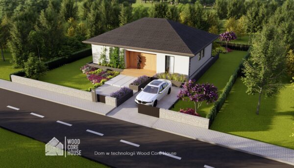 Projekt domu Ojcowski 04 - widok elewacji frontowej wraz z wejściem i miejscem parkingowym
