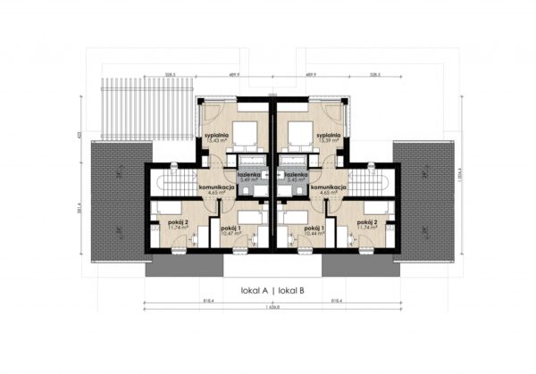 Projekt domu Bieszczadzki 02 (bliźniak) - rzut pomieszczeń na piętrze