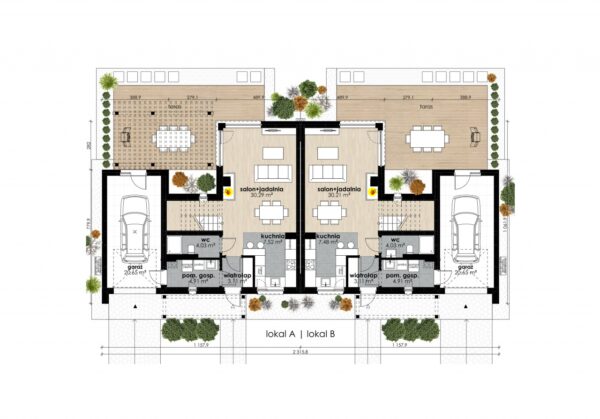 Projekt domu Bieszczadzki 02 (bliźniak) - rzut pomieszczeń na parterze wraz z garażem